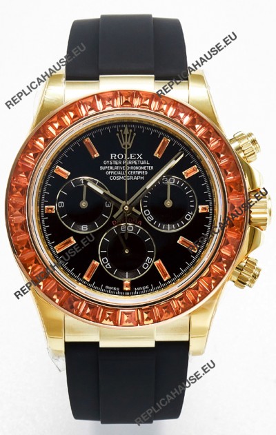 Rolex Daytona Super Clone Daytona Yellow Gold Casing Black Dial with Sapphires Bezel 
