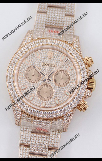 Rolex Cosmograph Daytona Rose Gold ICED OUT Cal.4130 Movement - 904L Steel Watch