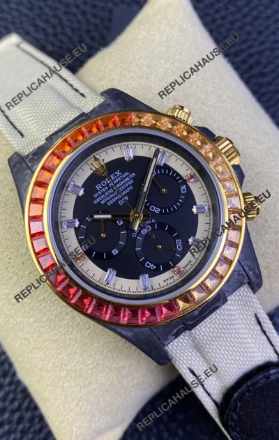 Rolex Daytona DiW Carbon Edition Rainbow Bezel - Forged Carbon Casing Beige Strap 1:1 Mirror Replica
