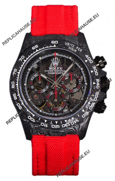 Rolex Daytona DiW Skeleton Carbon Edition Watch - Forged Carbon Casing Red Strap 1:1 Mirror Replica
