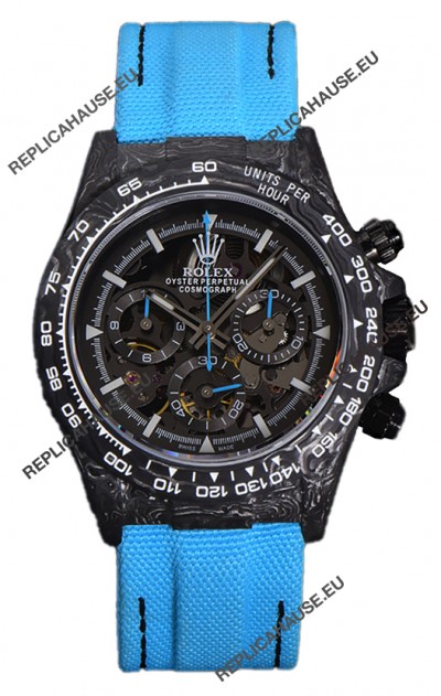 Rolex Daytona DiW Skeleton Carbon Edition Watch - Forged Carbon Casing Blue Strap 1:1 Mirror Replica