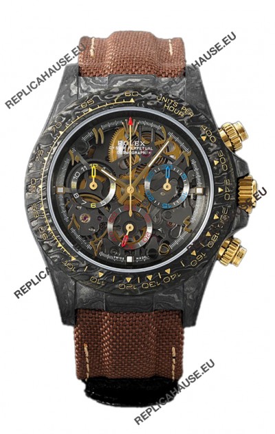 Rolex Daytona DiW Skeleton Carbon Edition Watch - Forged Carbon Casing Brown Strap 1:1 Mirror Replica