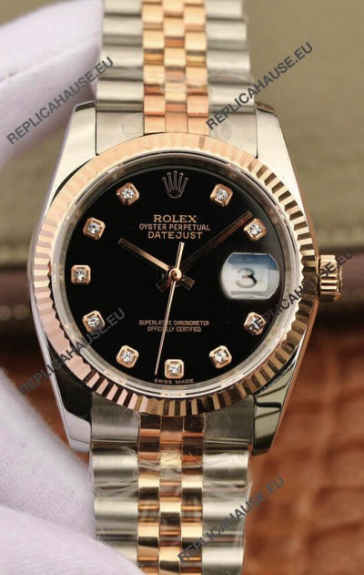 Rolex Datejust 36MM ETA-3135 Movement Swiss Replica in 904L Two Tone Black Dial