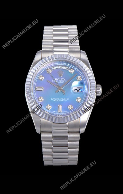 Rolex Day Date Watch in Blue Dial with Diamonds Hour Numerals ETA Movement - 904L Steel 