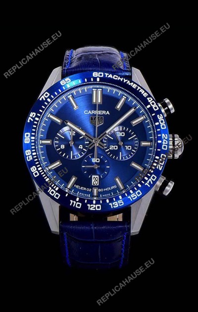 Tag Heuer Carrera Swiss Quartz Movement Replica Watch in Blue Dial - Blue Leather Strap