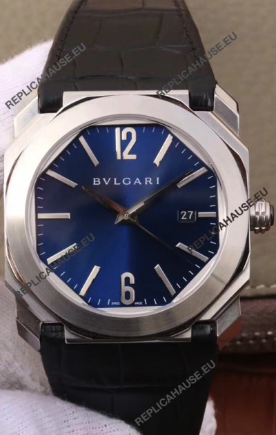 Bvlgari Octo Roma Edition 1:1 Mirror Replica in 904L Steel Casing - Deep Blue Dial Leather Strap