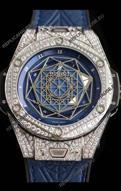 Hublot Big Bang Sang Bleu 45MM Stainless Steel Diamonds Edition Swiss Replica Watch