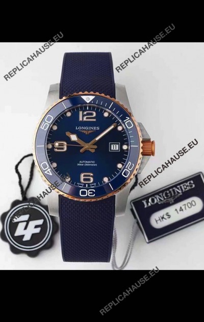 Longines HydroConquest 1:1 Swiss Replica Watch in Blue Dial Rubber Strap Rose Gold Bezel