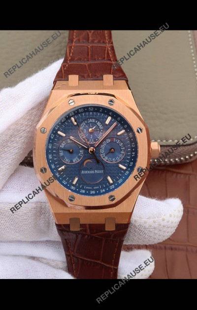 Audemars Piguet Royal Oak Perpetual Calendar Swiss Replica Rose Gold Casing Watch in Blue Dial