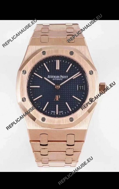 Audemars Piguet Royal Jumbo Oak Extra Thin Swiss Replica Rose Gold - 1:1 Mirror Replica Watch Blue Dial