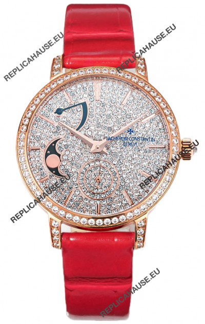 Vacheron Constantin Traditionelle Moon Phase Diamond Paved Dial in Rose Gold Swiss Replica
