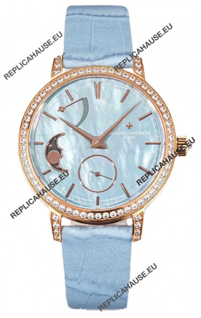 Vacheron Constantin Traditionelle Moon Phase Blue Mother of Pearl Dial in Rose Gold Swiss Replica