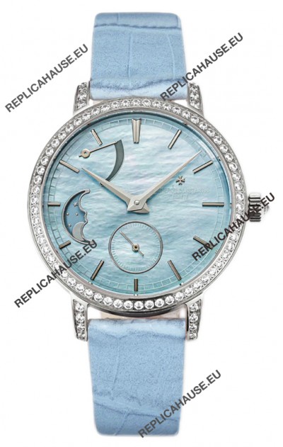 Vacheron Constantin Traditionelle Moon Phase Blue Mother of Pearl Dial in Steel Case Swiss Replica