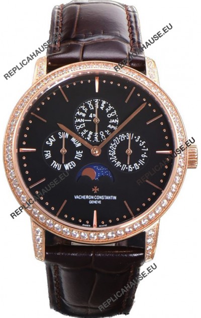 Vacheron Constantin Patrimony Perpetual Calendar Ultra-Thin Rose Gold Black Dial Swiss Replica