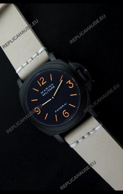 Panerai Luminor Marina Black Seal PVD Swiss Watch Tan Strap