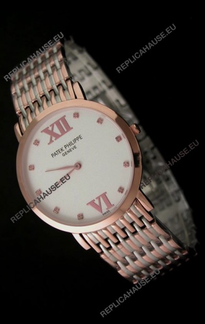 Patek Philippe Geneve Men Japanese Rose Gold Watch in White Dial