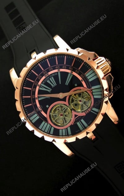 Roger Dubuis Chronoexcel Japanese Replica Automatic Rose Gold Watch in Blue Dial
