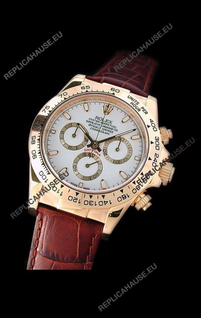Rolex Daytona Cosmograph Swiss Replica Gold Watch in Brown Leather Strap