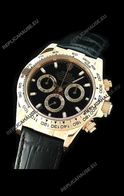 Rolex Daytona Cosmograph Swiss Replica Gold Watch in Black Leather Strap