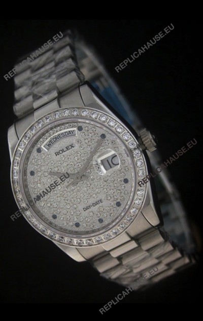 Rolex Day Date Just JapaneseÂ Replica Watch in Full Diamonds Dial 