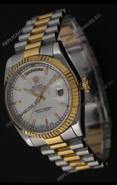 Rolex Day Date Just JapaneseÂ Replica Two Tone Gold Watch in White Dial