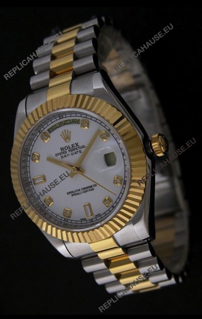 Rolex Day Date Just JapaneseÂ Replica Two Tone Gold Watch in White Dial