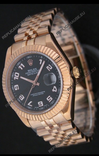 Rolex Datejust Japanese Replica Rose Gold Watch in Black Dial