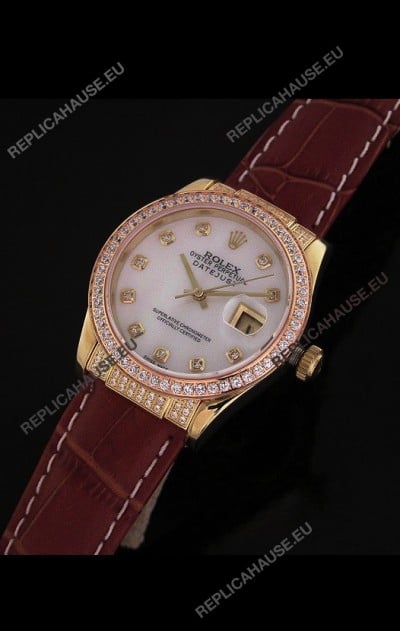Rolex DateJust Japanese Mens Replica Yellow Gold Watch in Mop White Dial