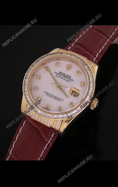 Rolex DateJust Japanese Mens Replica Yellow Gold Watch in White Mother of Pearl Dial