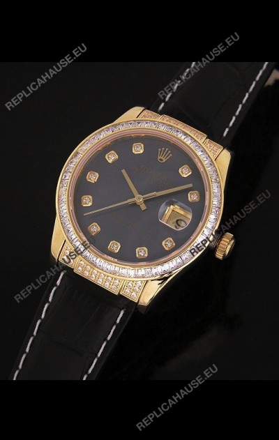 Rolex DateJust Japanese Mens Replica Yellow Gold Watch in Black Mother of Pearl Dial