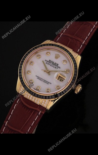 Rolex DateJust Japanese Mens Replica Yellow Gold Watch in Diamond Markers