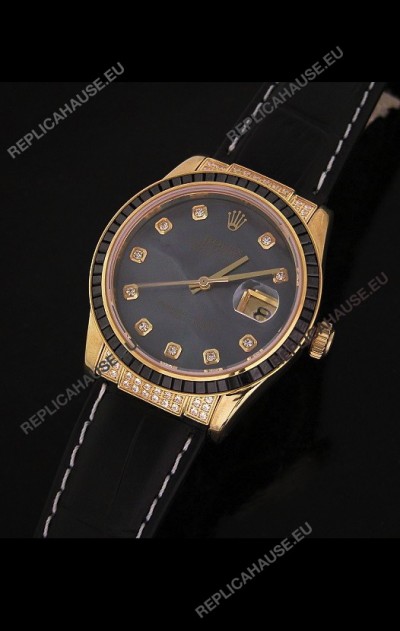 Rolex DateJust Japanese Mens Replica Yellow Gold Watch in Diamond Markers