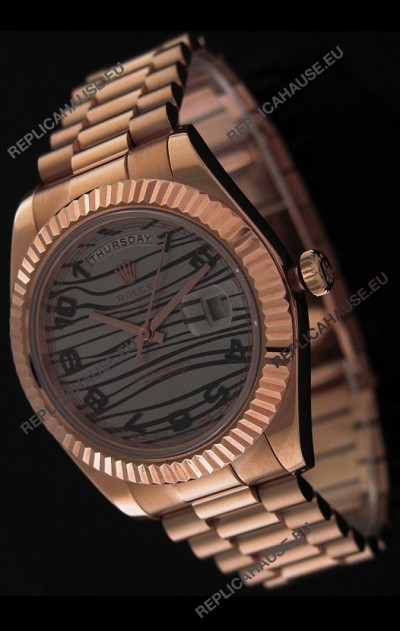 Rolex Oyster Perpetual Day Date Japanese Replica Pink Gold Watch in Waves Pattern Dial
