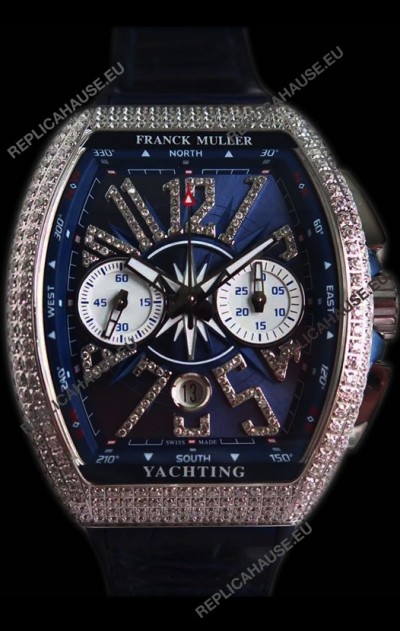 Franck Muller Vanguard Chronograph 904L Steel Blue Dial with Diamonds Swiss Watch 