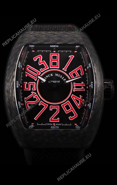Franck Muller Vanguard Carbon Casing Red Indexes Swiss Watch