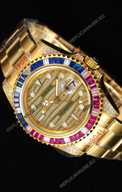 Rolex GMT Masters II Iced out Swiss watch with Yellow Gold 904L Case