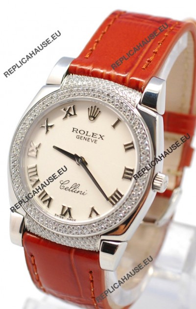Rolex Cellini Cestello Ladies Swiss Watch Roman White Face Diamonds Bezel and Lugs
