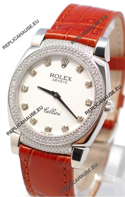 Rolex Cellini Cestello Ladies Swiss Watch White Face Diamonds Hour, Bezel and Lugs