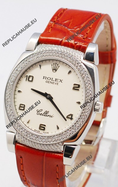 Rolex Cellini Cestello Ladies Swiss Watch in White Face Bezel and Lugs