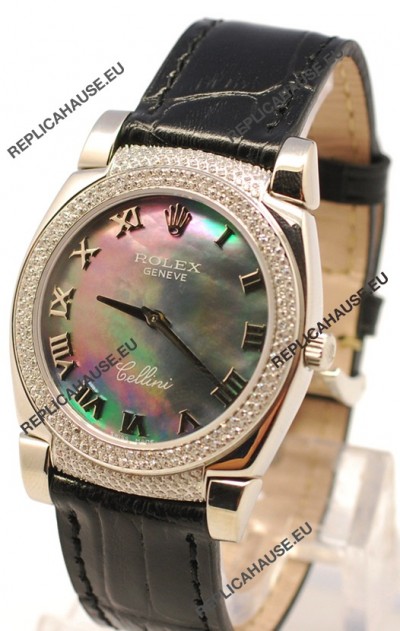 Rolex Cellini Cestello Ladies Swiss Watch in Black Pearl Face Diamonds Bezel and Lugs