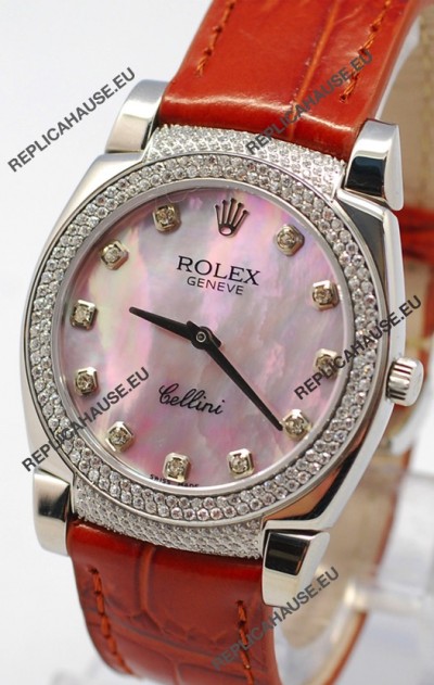 Rolex Cellini Cestello Ladies Swiss Watch in Pink Pearl Face Diamonds Hour, Bezel and Lugs
