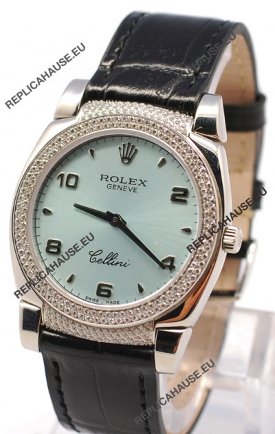 Rolex Cellini Cestello Ladies Swiss Watch in Blue Face Black Leather Strap Diamonds Bezel 