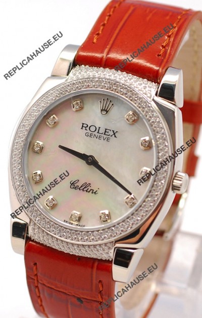 Rolex Cellini Cestello Ladies Swiss Watch in White Pearl Face Diamonds Hour, Bezel and Lugs