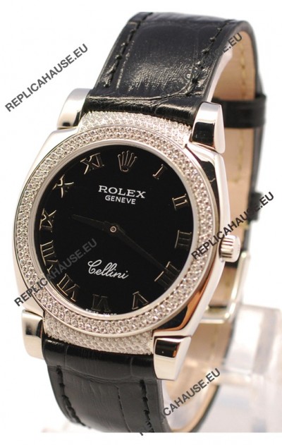 Rolex Cellini Cestello Ladies Swiss Watch in Black Face Roman Markers