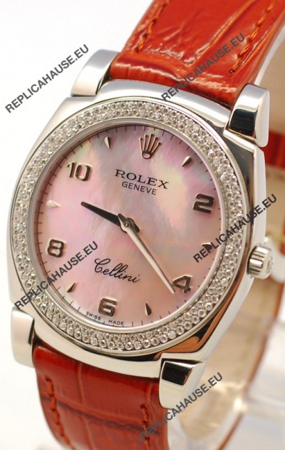 Rolex Cellini Cestello Ladies Swiss Watch in Pink Pearl Face Diamonds Bezel