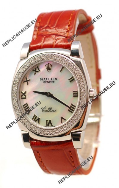 Rolex Cellini Cestello Ladies Swiss Watch White Pearl Roman Diamonds Bezel