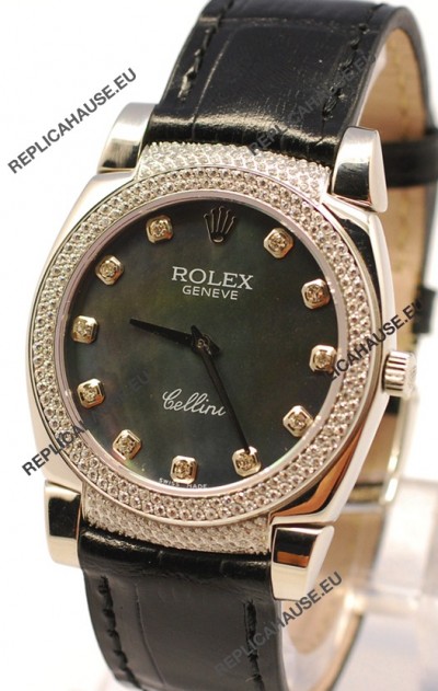 Rolex Cellini Cestello Ladies Swiss Watch in Black Pearl Face Diamonds Markers