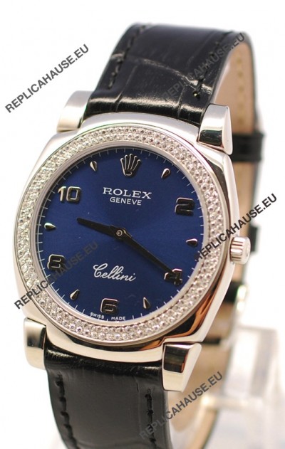 Rolex Cellini Cestello Ladies Swiss Watch in Dark Blue Face Diamonds Bezel 