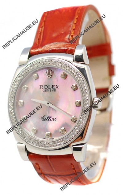 Rolex Cellini Cestello Ladies Swiss Watch Pink Pearl Diamonds Bezel and Hours Markers
