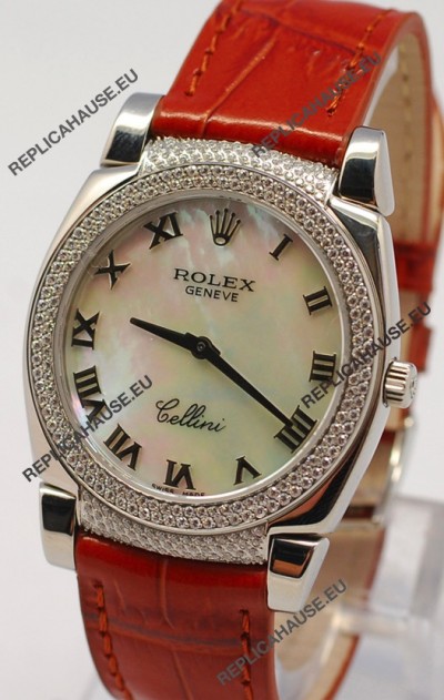 Rolex Cellini Cestello Ladies Swiss Watch in White Pearl Face Diamonds Bezel and Lugs